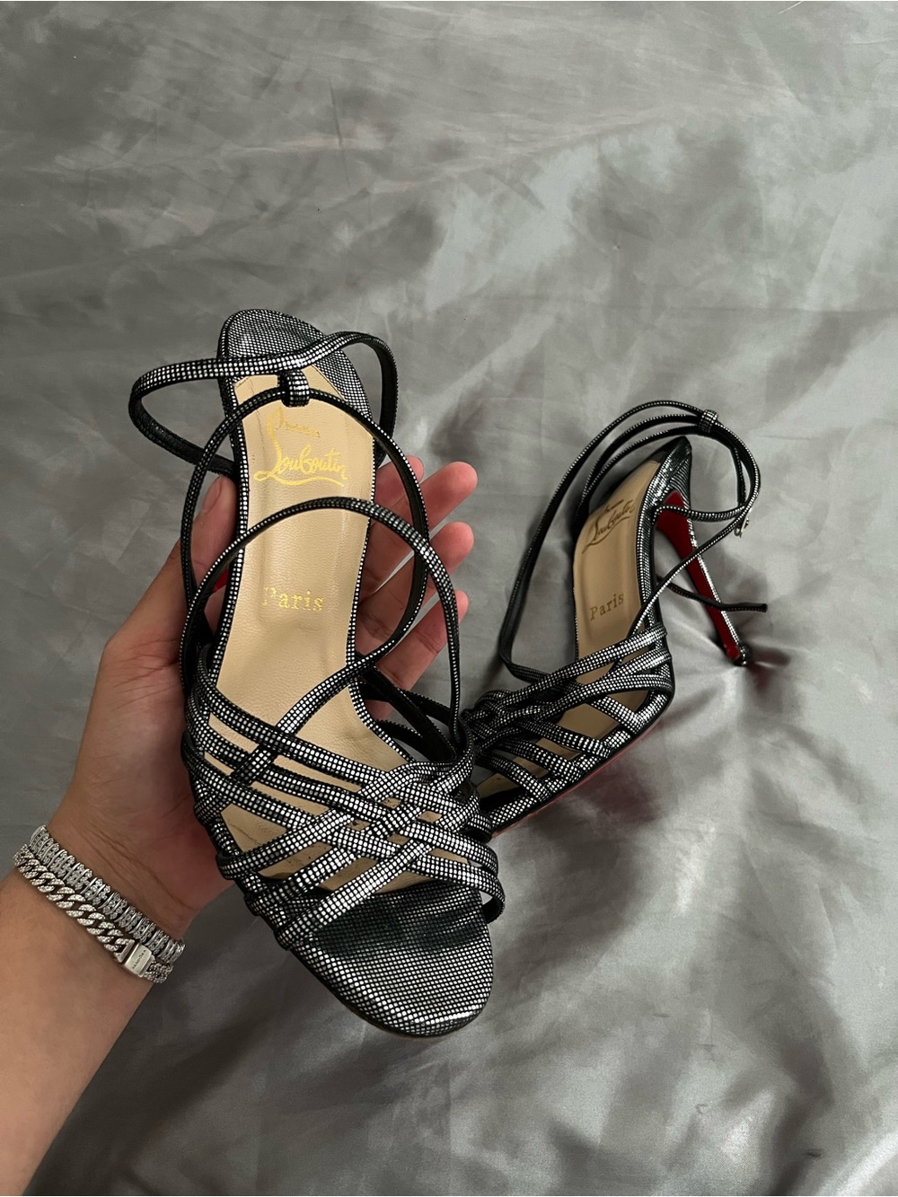 Christian Louboutin Black Strappy Crystal-Effect High Heel Sandals